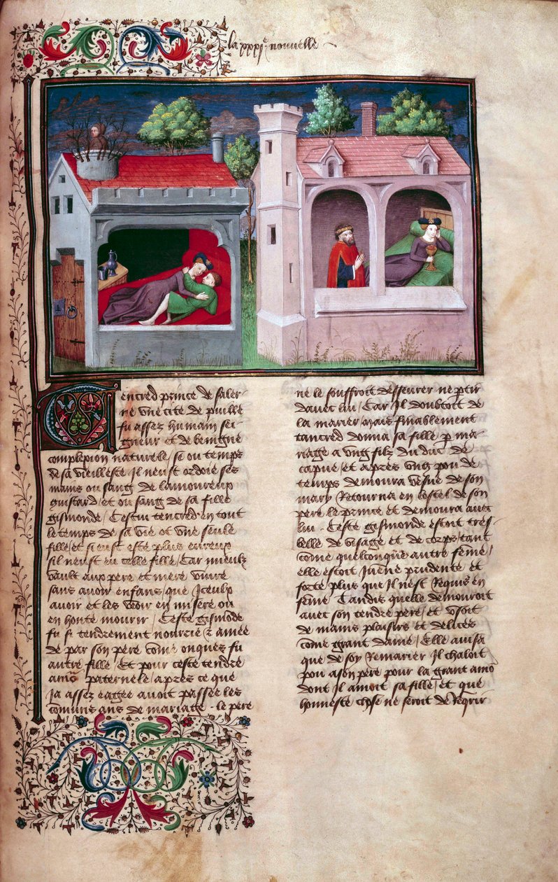 Galant scen: två par som pratar. Sida av ett manuskript på franska av "Decameron"" av Giovanni Boccaccio dit Jean Boccace (1313-1375), italiensk författare, upplyst av Mästaren av Mansel. 1450. Paris, Arsenals bibliotek av Master of Jean Mansel