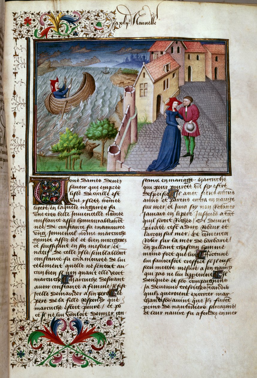 Avgångssidan hämtad från ett manuskript på franska från "Decameron"" av Giovanni Boccaccio dit Jean Boccaccio (1313-1375), italiensk författare, upplyst av Mästaren av Mansel. 1450. Paris, Arsenals bibliotek av Master of Jean Mansel