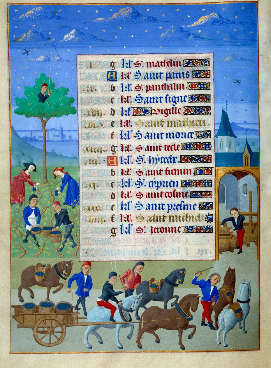 Druvskörd och transportsida av upplyst manuskript från "Book of Hours of the Duchess of Burgundy, Adelaide of Savoy" av Mästaren av Adelaide av Savoyen (1400-talet) och Mästaren av Jean Rolin (1400-talet) av Master of Jean Rolin II
