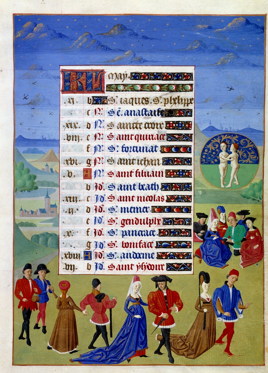 Maj: hovmännen gå. Upplyst manuskriptsida hämtad från "" Time Book of Hours of the Duchess of Burgundy, Adelaide of Savoy" av Mästaren av Adelaide av Savoyen (1400-talet) och Jean Rolins Mästare (1400-talet) av Master of Jean Rolin II