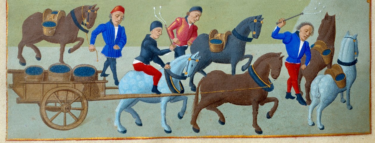 Druvskörden och transporten Detalj av en upplyst manuskriptsida hämtad från "" Time Book of the Duchess of Burgundy, Adelaide of Savoy" av Mästaren av Adelaide av Savoyen (1400-talet) och Jean Rolins Mästare (1400-talet) av Master of Jean Rolin II