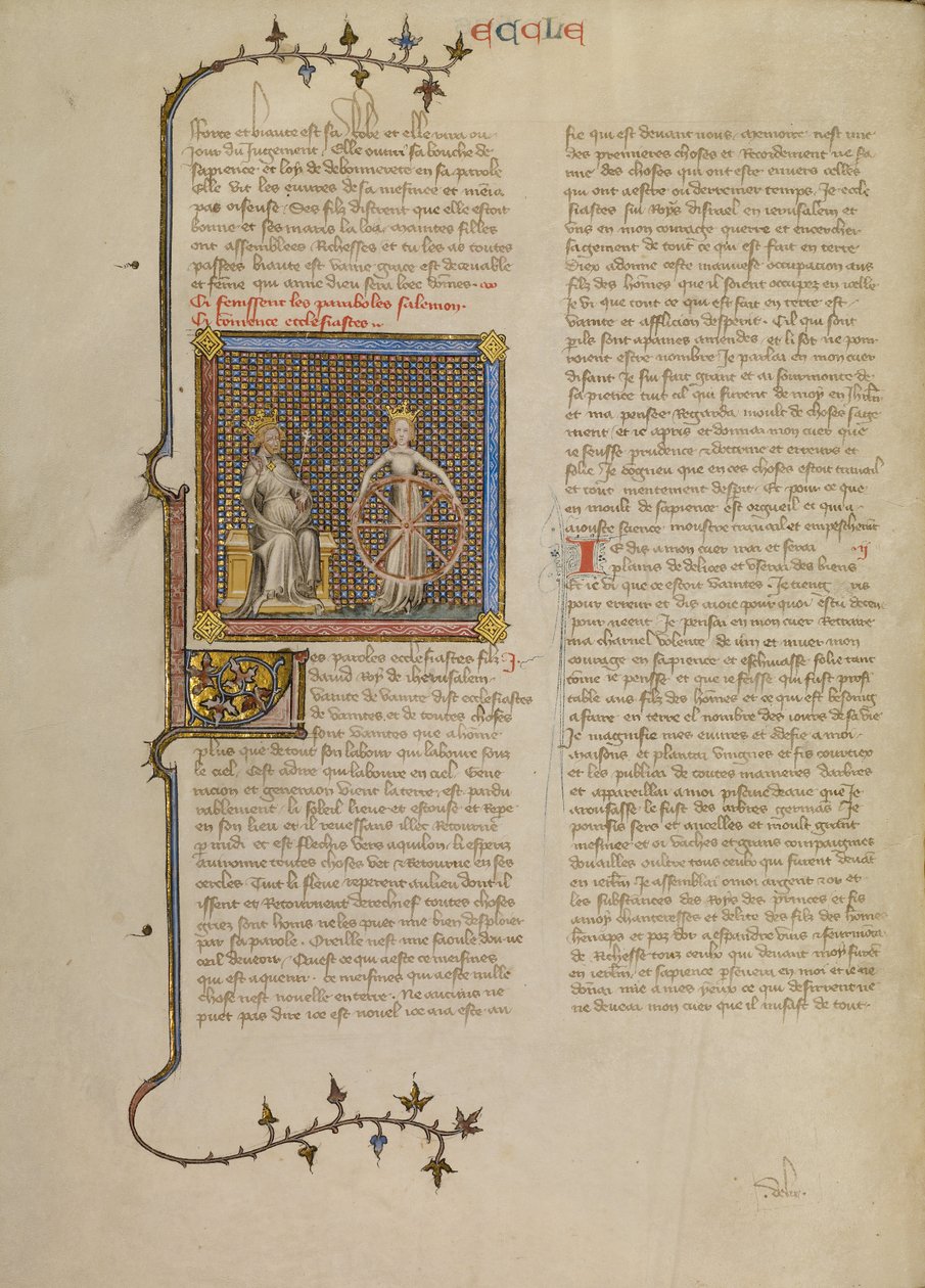 Salomo med en krönt kvinnofigur som håller i ett hjul som illustrerar årstidernas växlingar av Master of Jean de Mandeville