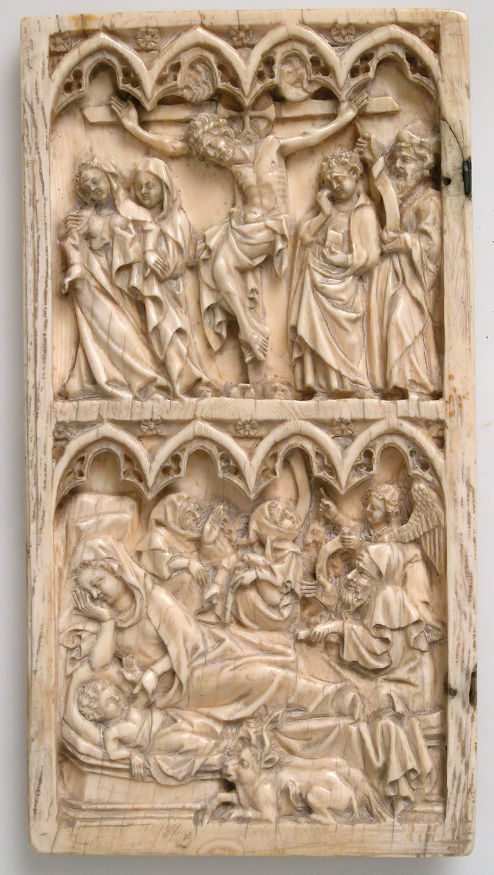 Blad från en diptyk med korsfästelsen och födseln, tyska, ca. 1375-1400. av Master of Kremsmunster