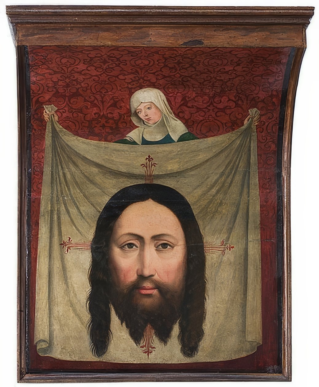 Från Lünenaltaret, detalj: St. Veronicas näsduk. Omkring 1470/90 av Master of Liesborn