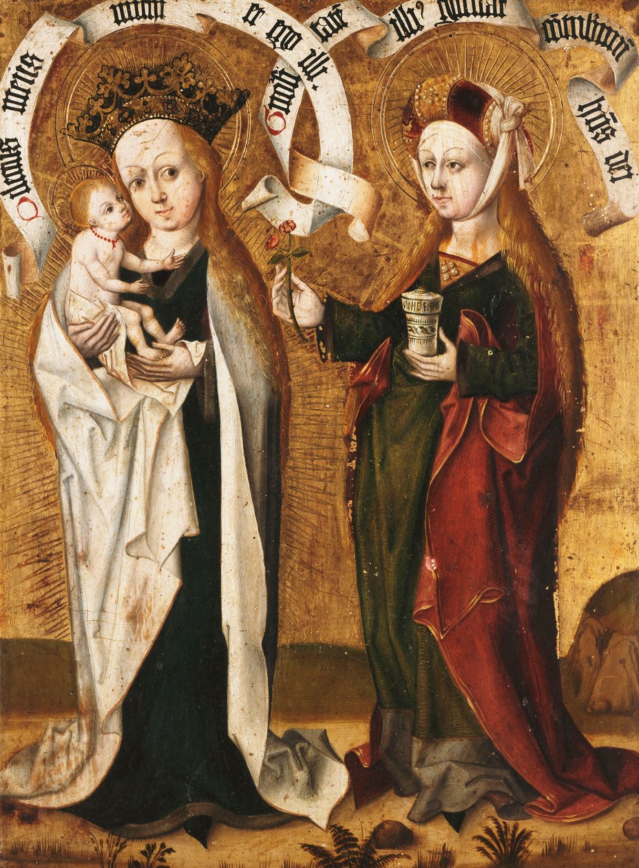 Jungfrun och barnet med Sankta Maria Magdalena som erbjuder barnet en ros av Master of Liesborn