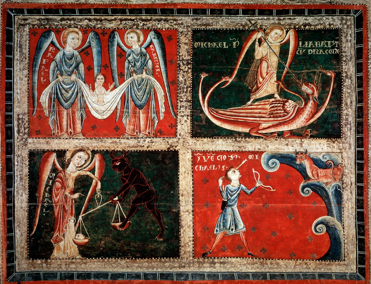 Ärkeänglarna Rafael, Michel och Gabriel (ärkeänglarna Michael, Gabriel och Rafael) Målning av mästaren i Llussa (målning av mästaren i Llussa) 1220-1250 Från klostret Santa Maria de Lluca, Spanien Barcelona Museu Nacional d