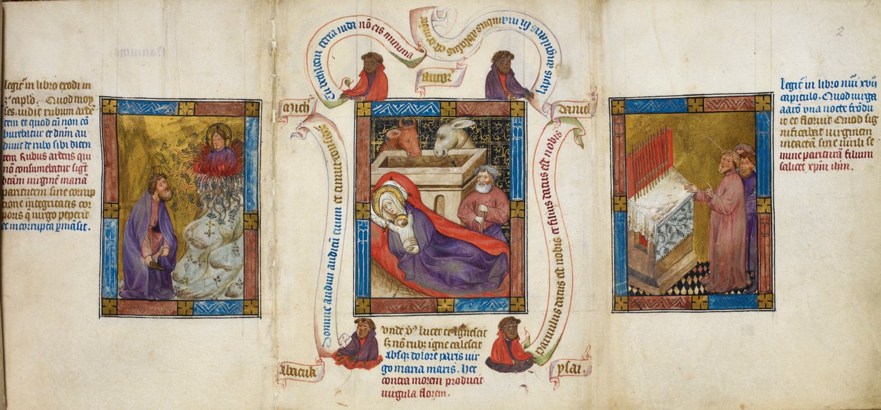 Tre scener som skildrar "Födelsekyrkan", "Moses och den brinnande busken" och "Arons stavs knoppning", illustration från "Biblia Pauperum" av Master of Margaret of Cleves