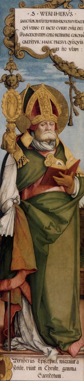 Utanför den vänstra roterande flygeln på det tidigare högaltaret i St. Martins kyrka, St. Werner, biskop av Merseburg; Maastricht, Bonnefanten Museum, inventarie nr. N.K. 1633 av Master of Messkirch