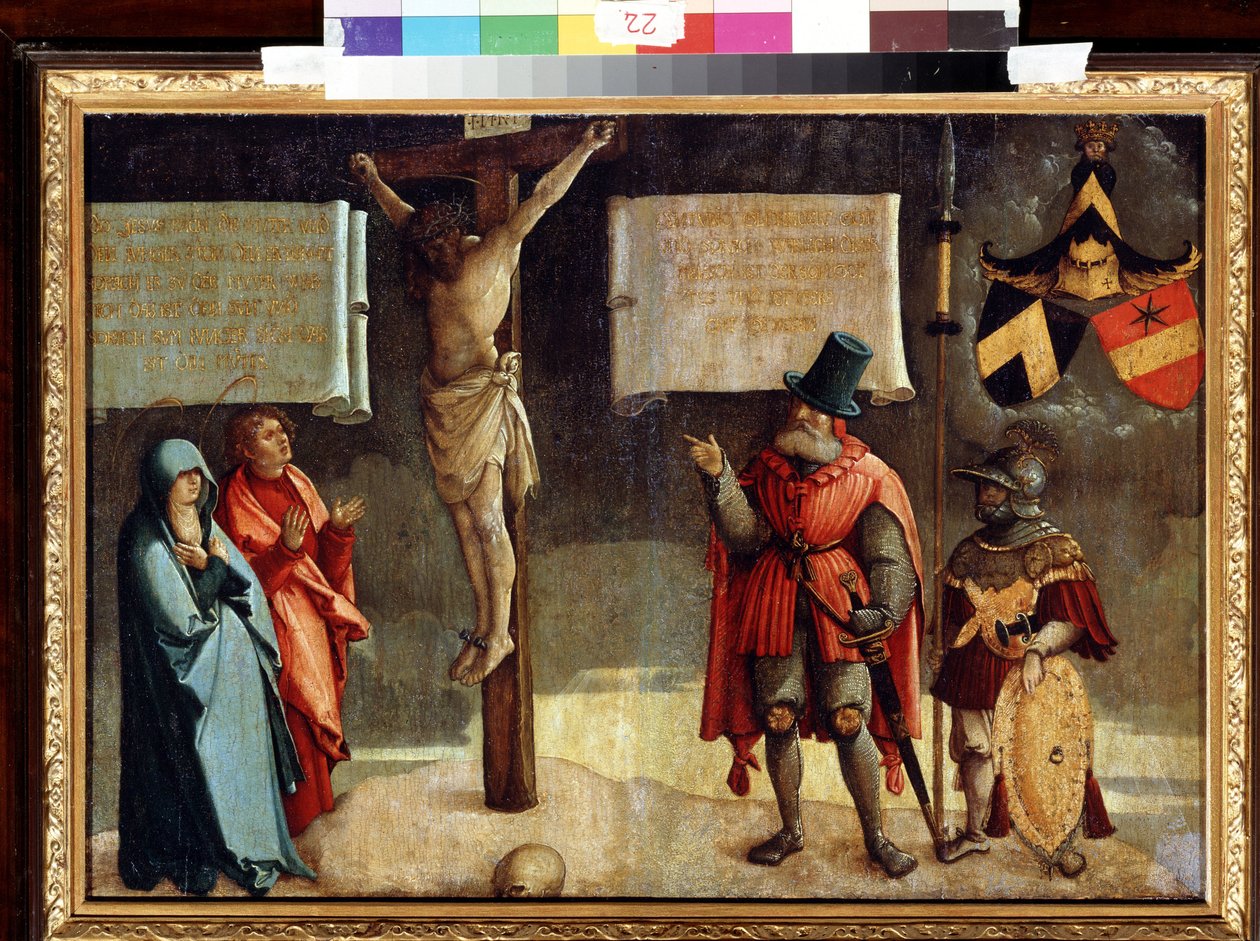 Korsfästelse med donatorer. Korsfästelse med givare. Målning av mästaren i Messkirch (cirka 1500-1543). Olja på trä. Tysk renässanskonst. Museum of Fine Arts, Pushkin, Moskva av Master of Messkirch