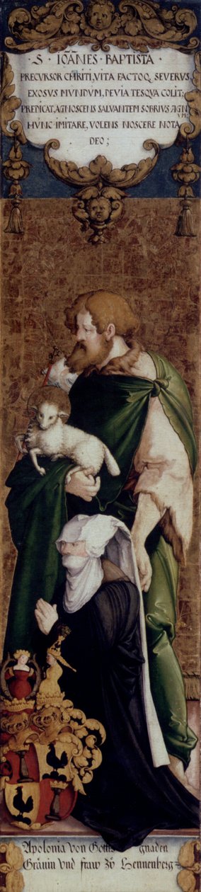 Tyska: Der hl. Johannes der Täufer mit der Stifterin Apollonia von Henneberg Den helige Johannes Döparen med donatorn Apollonia av Henneberg av Master of Messkirch