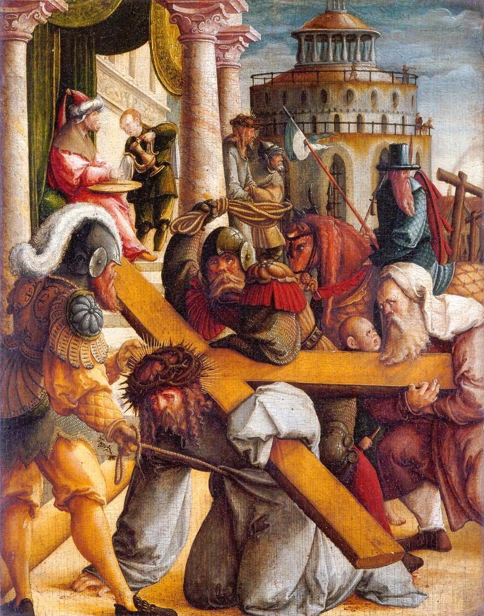 Tyska: Kreuztragung Christi und Handwaschung des Pilatus Kristus bär korset och Pilatus tvättar sina händer av Master of Messkirch