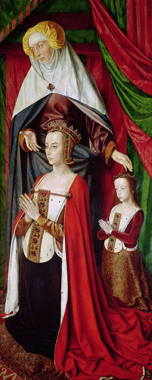 Bourbonaltartavlan, högra panelen föreställande St. Anne som presenterar Anne av Frankrike (1476-1514) och hennes dotter, Suzanne av Bourbon (1491-1521) ca 1498 av Master of Moulins