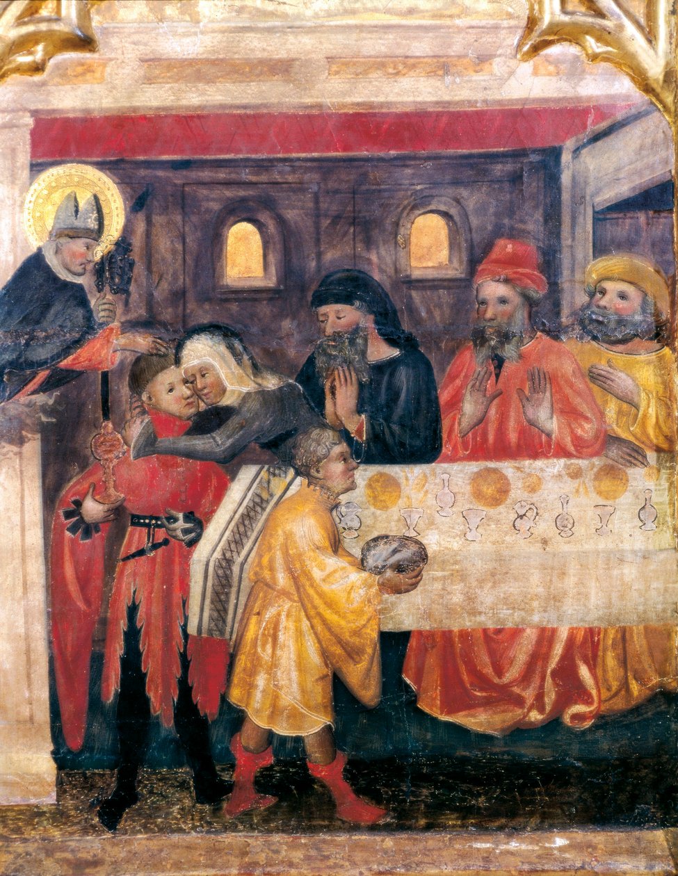 Altartavla av Saint Nicholas, Saint Clare och Saint Anthony. Detalj. Scen från San Nicolas liv Tabla con escena de la vida de San Nicolas. Målning av Mästaren i OBISPO GALIANA (1300-talet). Från kyrkan Sant Nicolas Vell i Porto, P av Master of Obispo Galiana