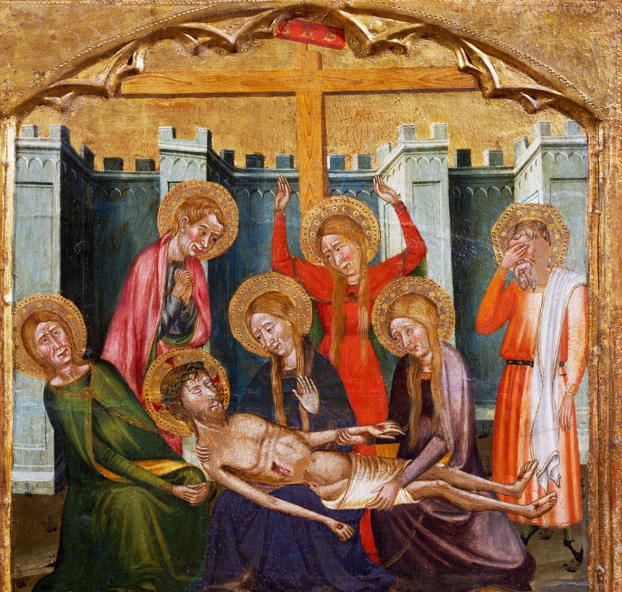 Avsättning i graven, av Mästaren av Rubio (1300-talet), predella av altartavlan från kyrkan Santa Maria, Rubio, målning på trä. av Master of Rubió