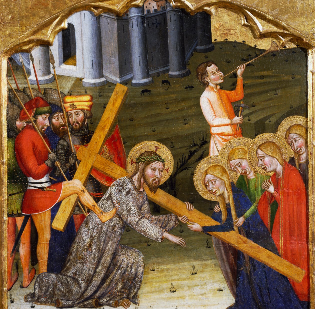 Jesus bär korset, av Mästaren av Rubio (1300-talet), predella av altartavlan från kyrkan Santa Maria, Rubio, målning på trä. av Master of Rubió