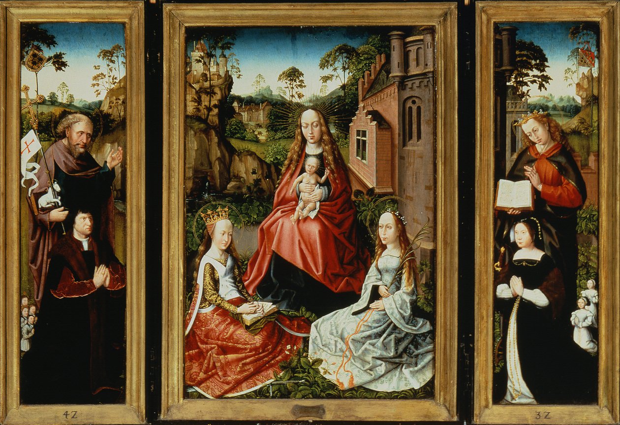 Madonna och barn med heliga och givare (olja på panel) av Master of Saint Anna