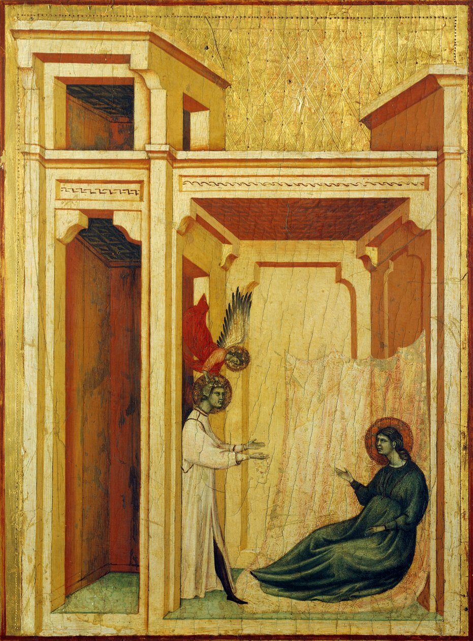 Ängelkrönande Valeriana med rosor och liljor, detalj från altartavlan föreställande Legend of Saint Cecilia, cirka 1304, av Master of Saint Cecilia (aktiv tidigt 1300-tal), tempera på panel och bladguld stämplat, 85x181 cm av Master of Saint Cecilia