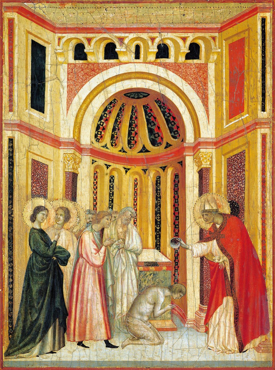 Biskop Urban som döper Tiburcio, detalj från altartavlan av Legenden om St Cecilia, cirka 1304, av Mästaren av Saint Cecilia (aktiv tidigt 1300-tal), tempera på panel och bladguld stämplat, 85x181 cm av Master of Saint Cecilia