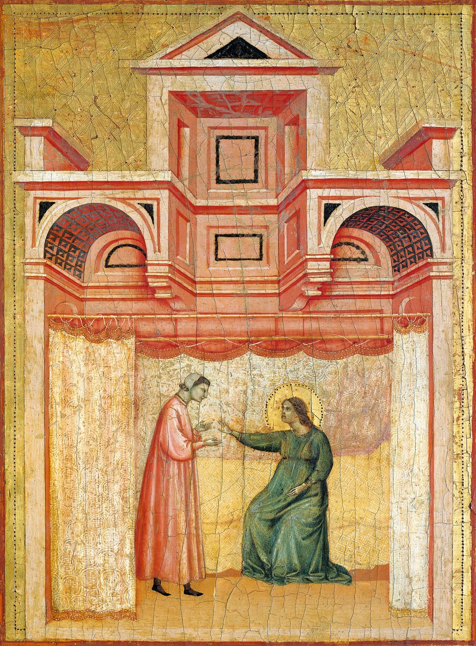 Cecilia övertalar sin man Valeriana till dop, detalj från altartavlan föreställande legenden om helgonet Cecilia, cirka 1304, av Mästaren av Saint Cecilia (aktiv tidigt 1300-tal), tempera på panel och bladguld stämplat, 85x181 cm av Master of Saint Cecilia