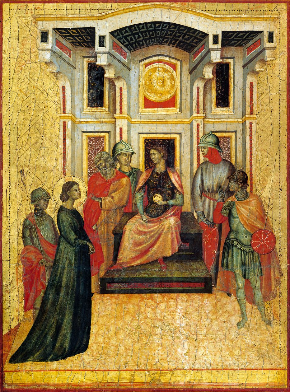 Saint Cecilia kontrasterar trosfrågor med prefekten, detalj från altartavlan föreställande Legend of Saint Cecilia, cirka 1304, av Master of Saint Cecilia (aktiv tidigt 1300-tal), tempera på panel och bladguld stämplat, 85x181 cm av Master of Saint Cecilia