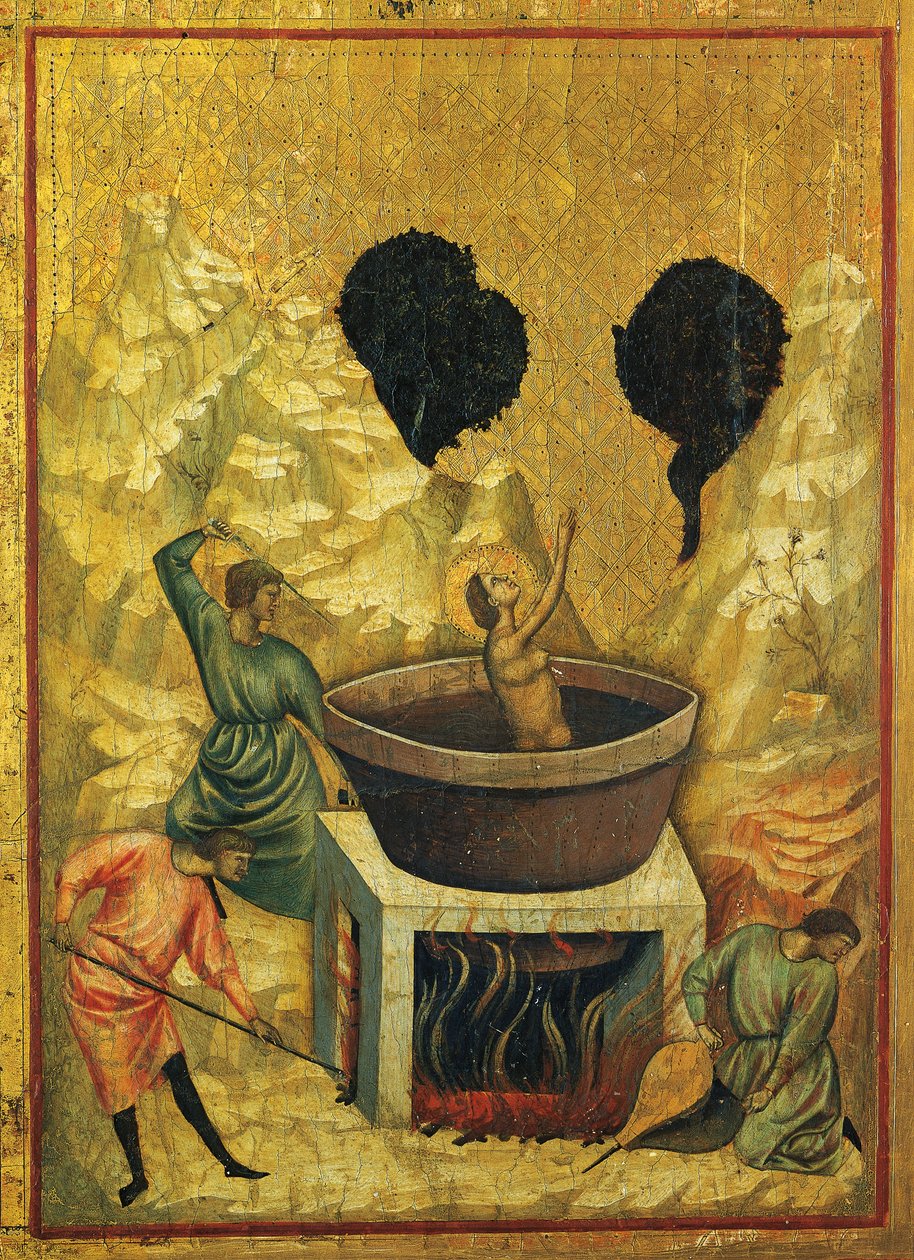 Sankta Cecilia i bad med kokande vatten, detalj av altartavlan som visar berättelser om Sankta Cecilia, ca 1304, mästaren av Sankta Cecilia (aktiv tidigt 1300-tal), tempera på panel och stämplat bladguld, 85x181 cm av Master of Saint Cecilia