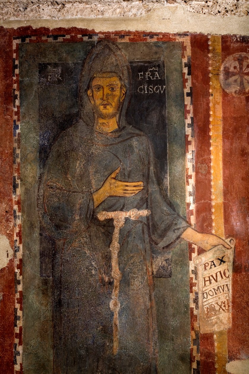 Representation av Saint Francois av Assisi (1181-1226) Detta är förvisso den första representationen av helgonet som avrättades medan han levde, representerande utan stigma och utan aureol. Han håller ett papper eller är skriven på latin "" Pax huic Domui" av Master of Saint Francis of Assisi