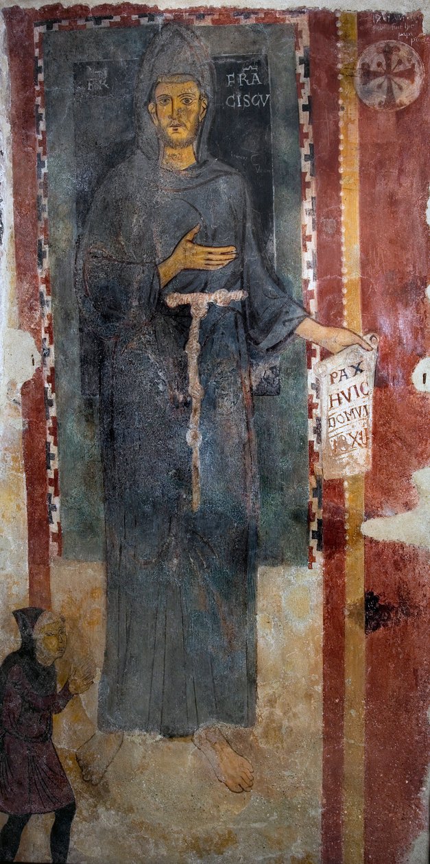 Representation av Saint Francois av Assisi (1181-1226) Detta är förvisso den första representationen av helgonet som avrättades medan han levde, representerande utan stigma och utan aureol. Han håller ett papper eller är skriven på latin "" Pax huic Domui" av Master of Saint Francis of Assisi