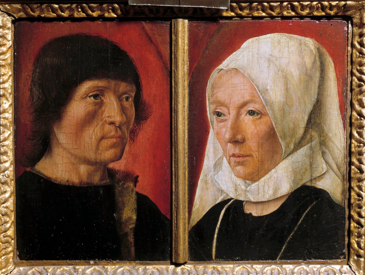 Porträtt av en man och hans fru. Representation av ett par (dubbelporträtt). Målning av mästaren De Saint Gilles (aktiv mellan 1490-1510), fransk skola av Master of Saint Giles
