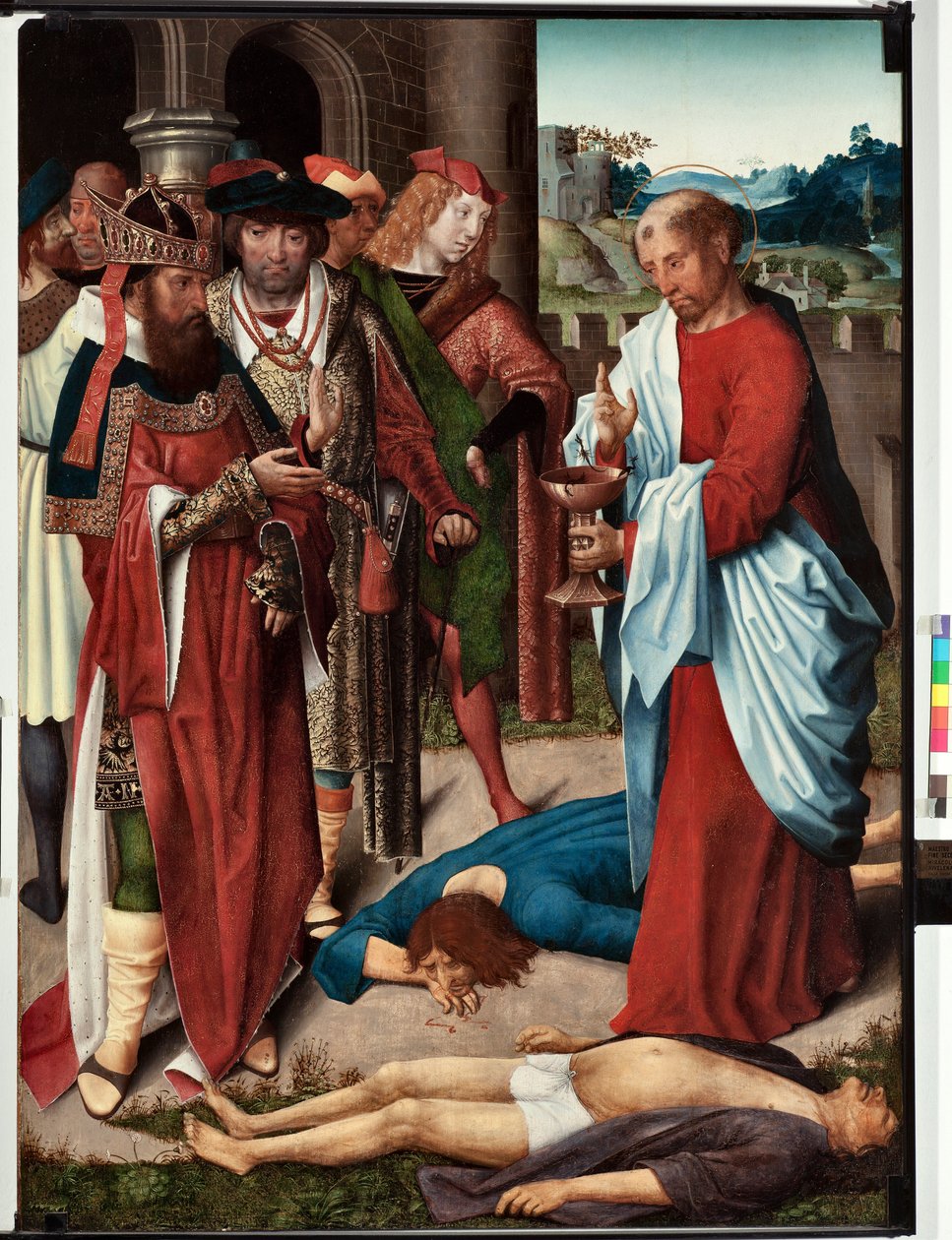 Avsnitt av Saint John evangelists liv: "The miracle of the cup of poison" (Life of St John evangelist, St John drinks a cup of poison) Målning av mästaren på San Giovanni evangelista (Saint John Evangelist) (slutet av 15th århundradet) Mått 120x90 cm Gen av Master of Saint John Evangelist