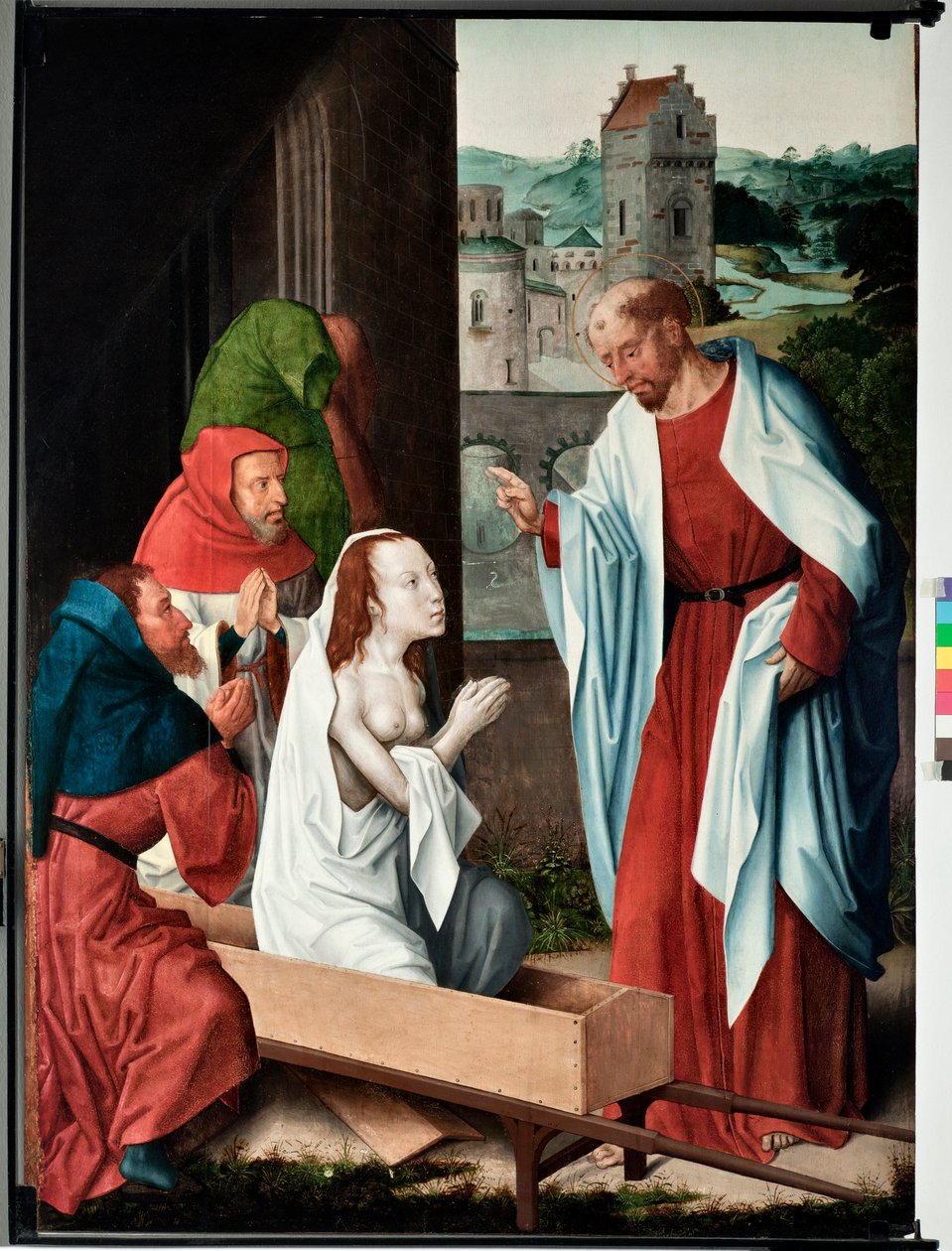 Avsnitt av Saint John evangelists liv: "" The resurrection of Drusiana"" (Life of St John evangelist, the resurrection of Drusiana) Målning av mästaren på San Giovanni evangelista (Saint John Evangelist) (slutet av 1400-talet) Dim 120x90 cm gener, av Master of Saint John Evangelist