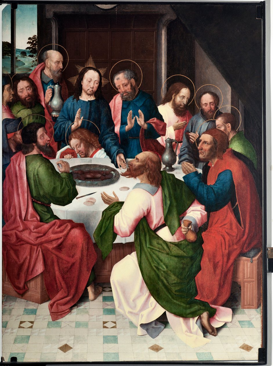 La cene (Den sista måltiden) Målning av mästaren i San Giovanni evangelista (Saint John Evangelist) (sent 1400-tal) Dim 120x90 cm Genes, Musei di Strada Nuova (ex Palazzo Bianco) inv n PB 156 av Master of Saint John Evangelist
