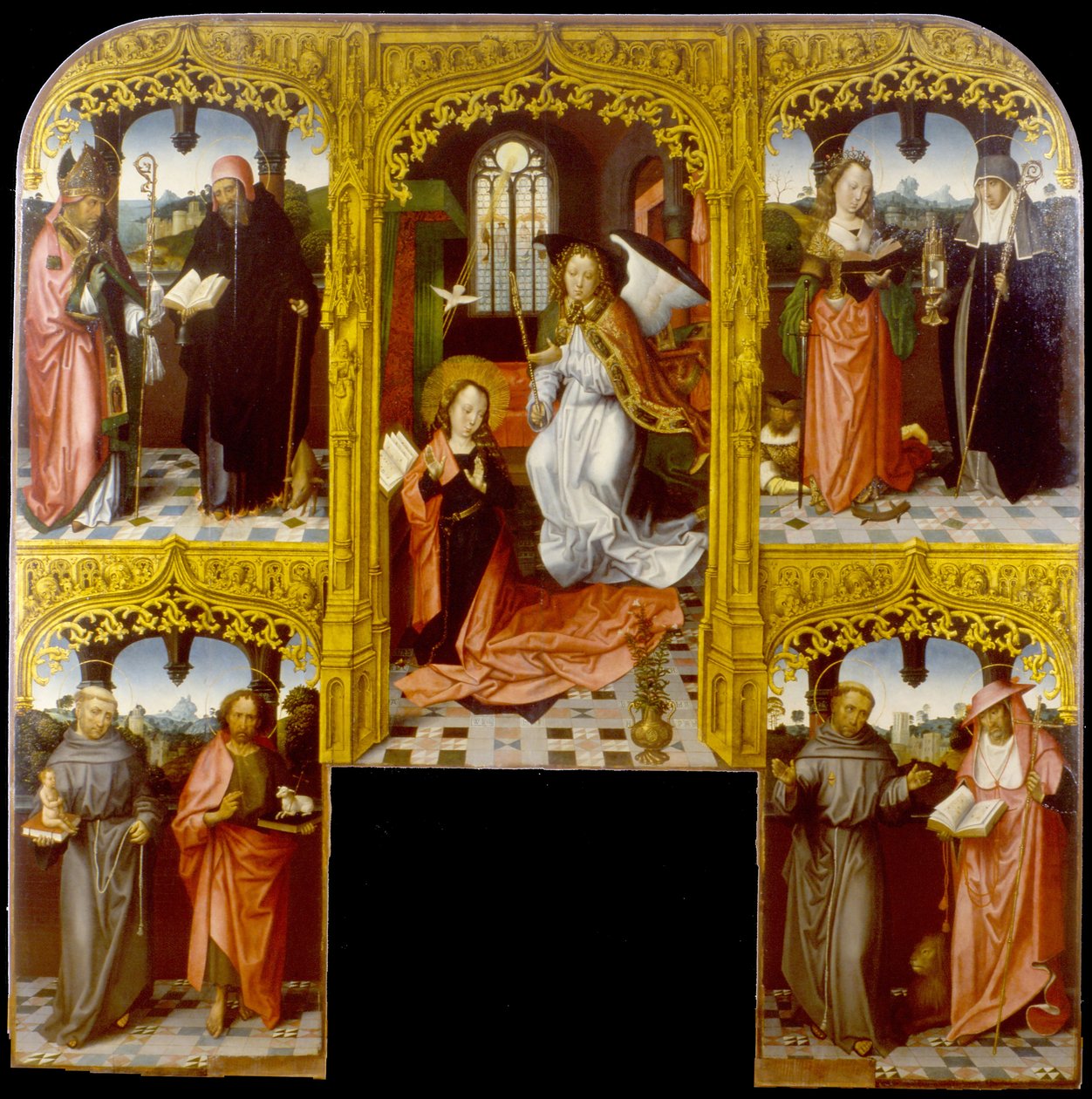 Bebådelsen med den helige Lazarus och Antony Abbot, Katarina av Alexandria och Chiara, Anthony av Padua och Johannes Döparen, Francis och Jerome av Master of Saint John the Evanglist