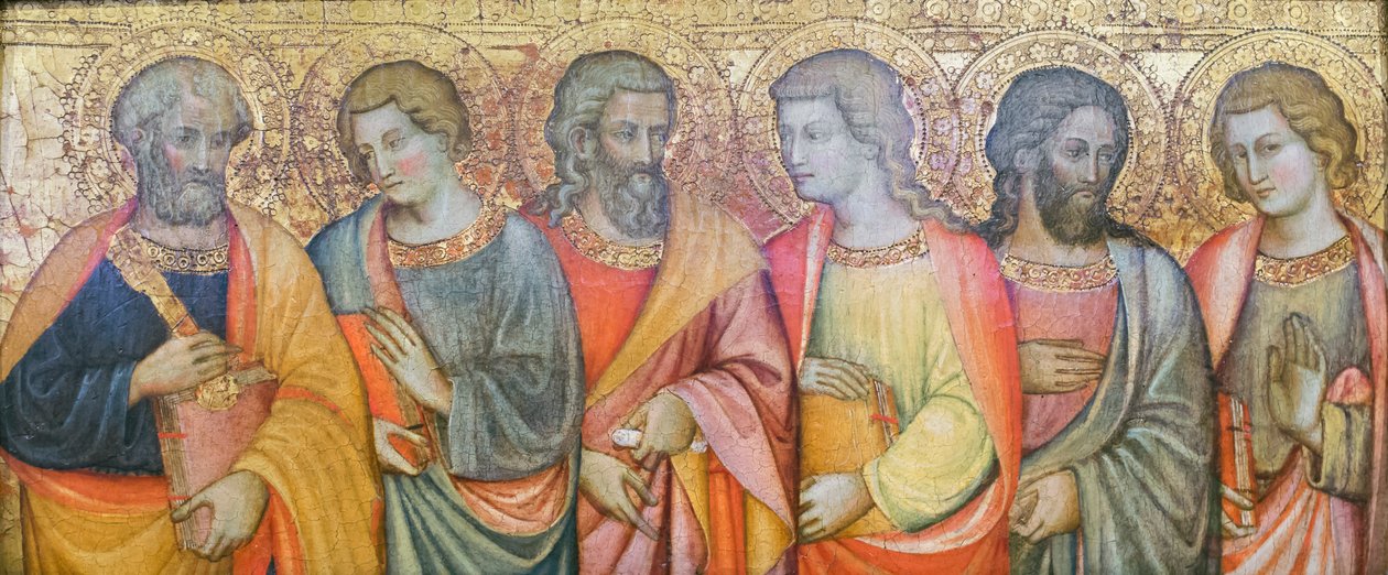 Apostlar, Petrus, Johannes, Andreas, Filippus ?, Simon ?, Thomas ?, Maestro di san Davino (olja på panel), 1400-talets början (olja på panel) av Master of San Davino