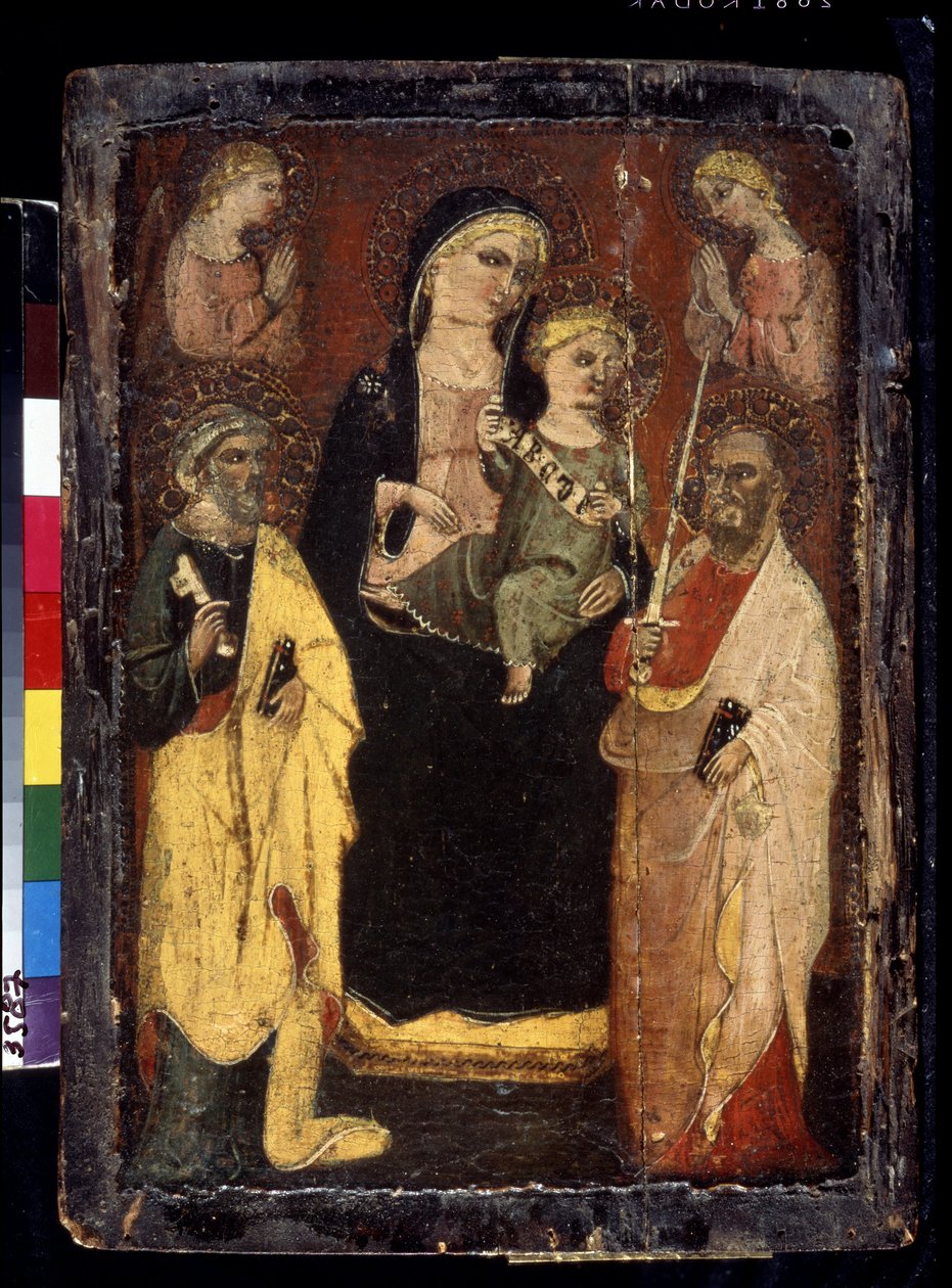 "Madonna och barn tronade med Saints Peter och Paul" (Madonna och barn tronade med Saints Peter och Paul) Målning på trä av mästaren i San Jacopo i Muciano (1400-talet) Pushkin Museum, Moskva av Master of San Jacopo a Mucciana