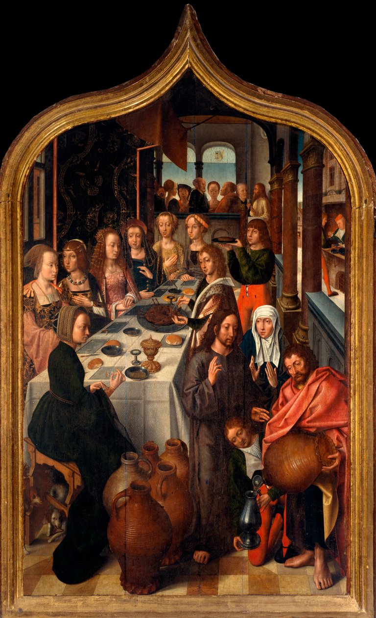 Tryptic: "The wedding of Cana"" Målning av mästaren i San Lorenzo. Socken San Lorenzo della Costa, Santa Margherita Ligure (Genua) av Master of San Lorenzo