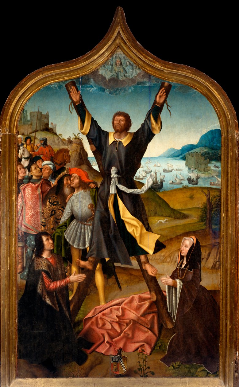 Tryptisk: "" Saint Andres martyrskap"" Målning av mästaren i San Lorenzo. Socken San Lorenzo della Costa, Santa Margherita Ligure (Genua) av Master of San Lorenzo