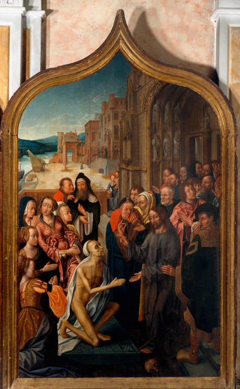 Tryptisk: "" Lazarus uppståndelse""" Målning av mästaren i San Lorenzo. Socken San Lorenzo della Costa, Santa Margherita Ligure (Genua) av Master of San Lorenzo