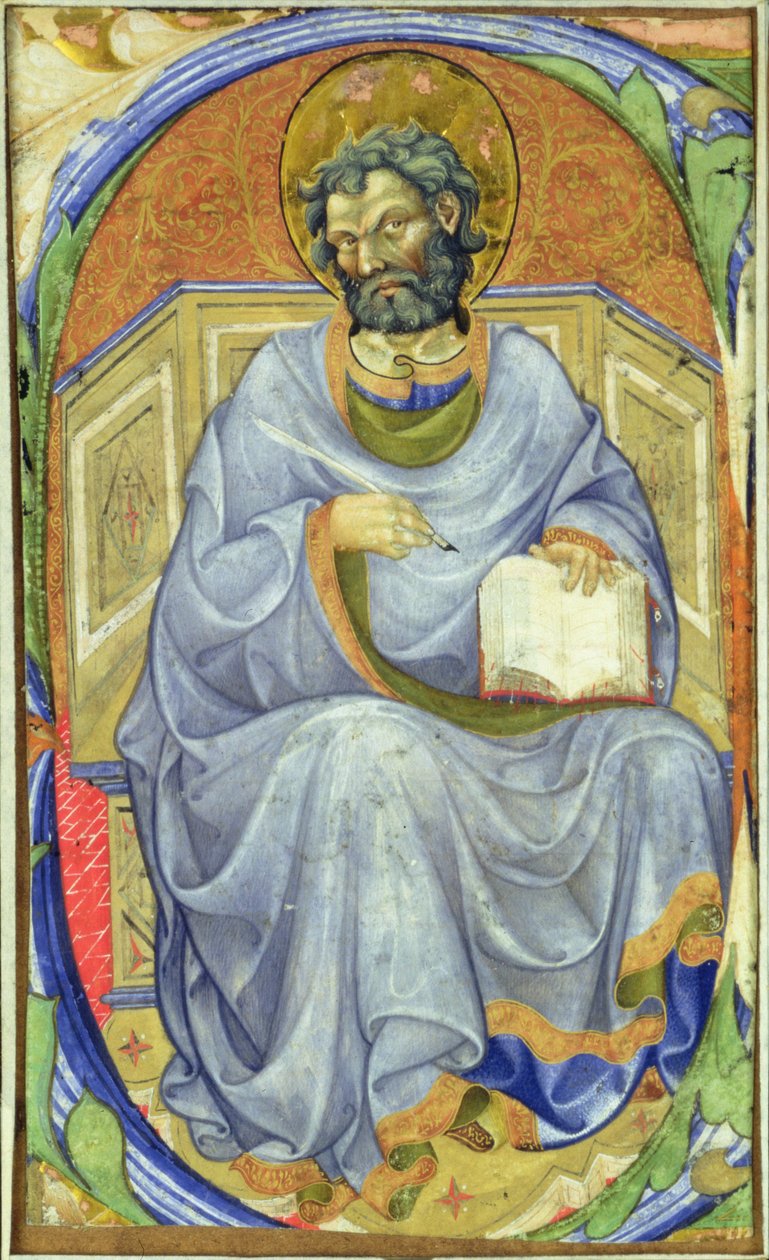 Historiserad initial "S" som föreställer en sittande evangelist. av Master of San Michele of Murano