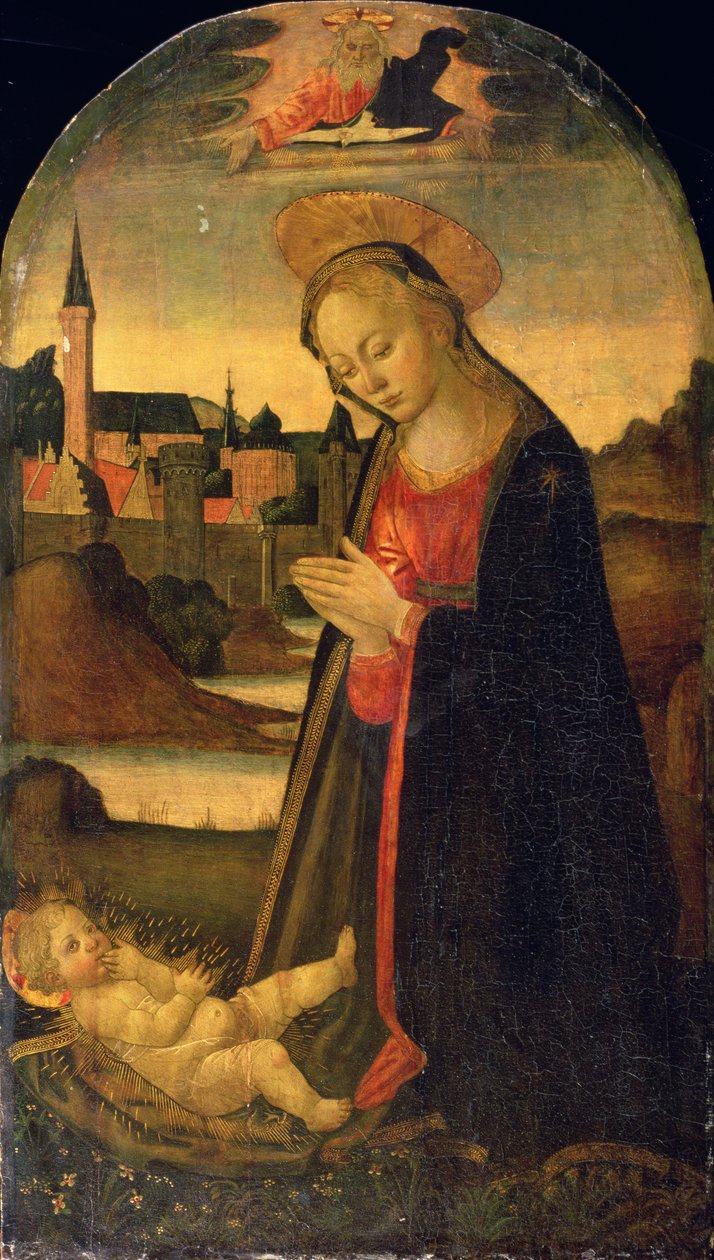 The Madonna Adoring the Child, A Town on a River beyond, c.1478 (olja på panel) av Master of San Miniato