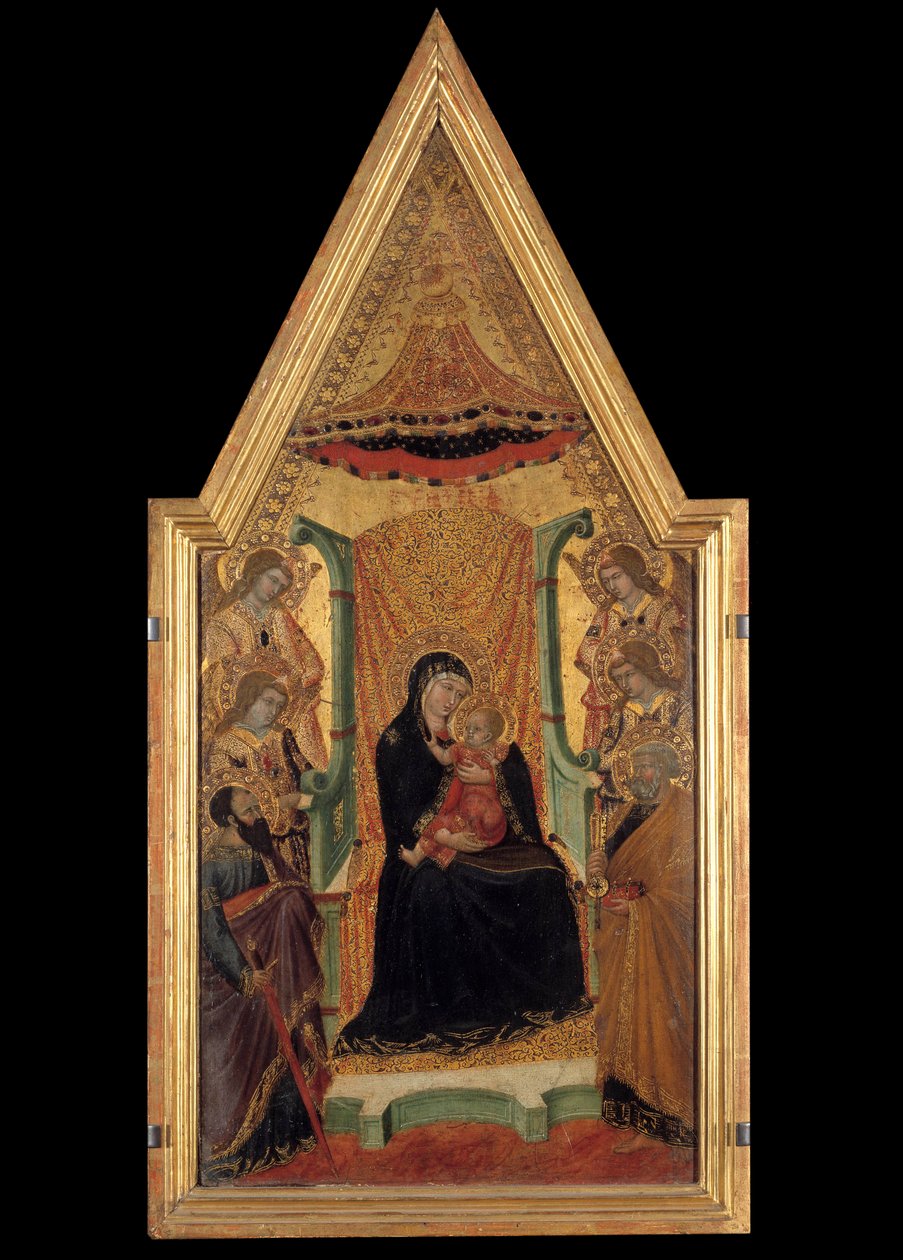 Jungfrun i majestät mellan Sankt Paulus, Sankt Peter och fyra änglars altartavla av mästaren av Santa Maria (1300-talet). Mått 0,28 x 0,58 m. Avignon, Musee du Petro Palais av Master of Santa Maria di Castello