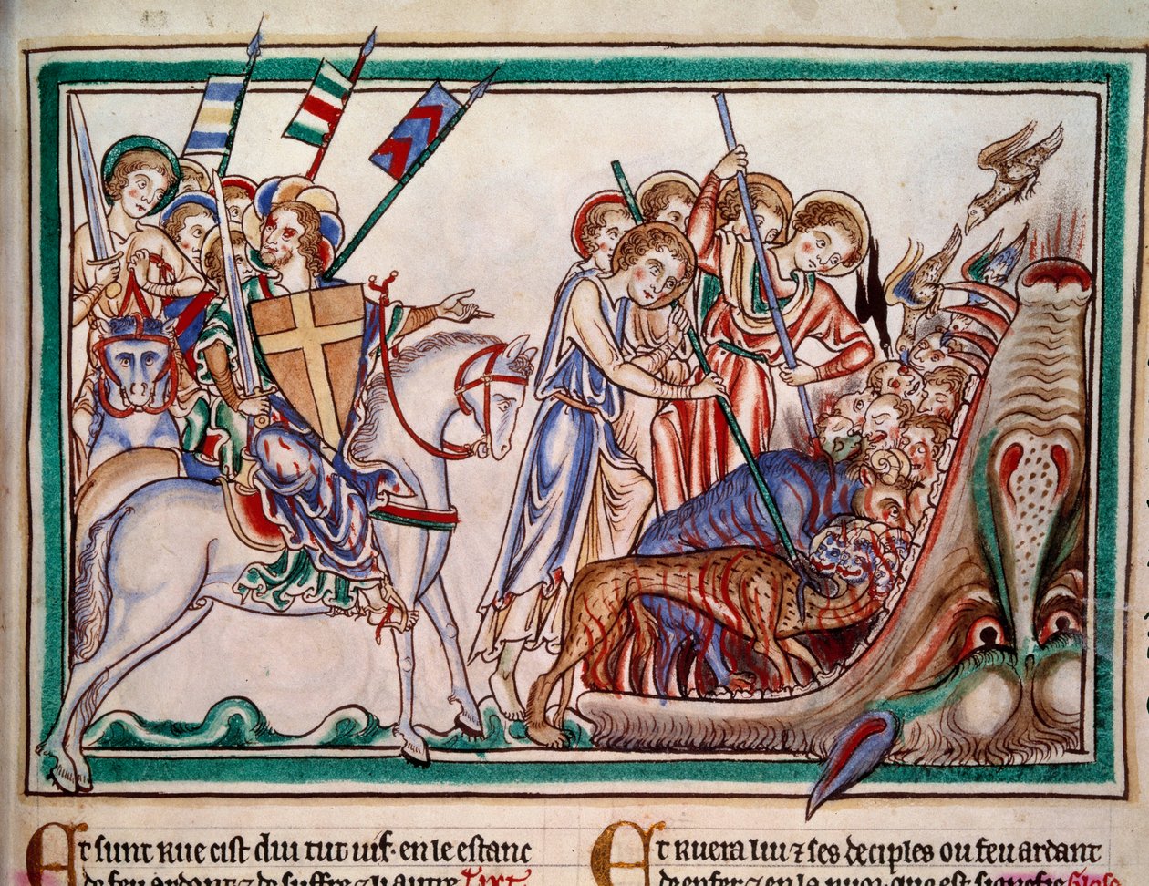 Herren och Hans Armee (ost) fäller ut Bete och hans tillbedjare i helvetet. Minatyr ur manuskriptet "" Apocalypse historiee"", Folio 38. 1250. Illumination of the Master of Sarum. Paris, NL av Master of Sarum