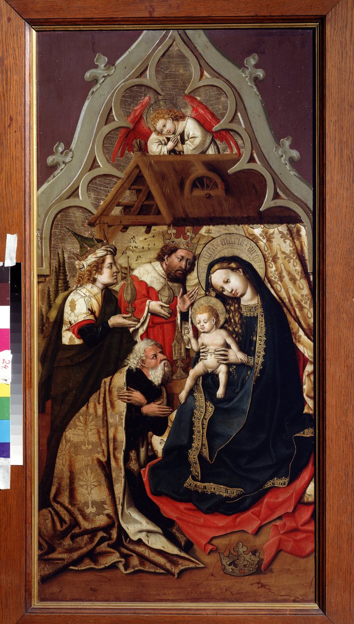 Tillbedjan av Magi. Tillbedjan av Magi. Målning av mästaren på slottet Lichtenstein, österrikisk målare (verksam från 1430 till 1450), omkring 1440. Olja på trä. Pushkin Museum of Fine Arts, Moskva av Master of Schloss Lichtenstein