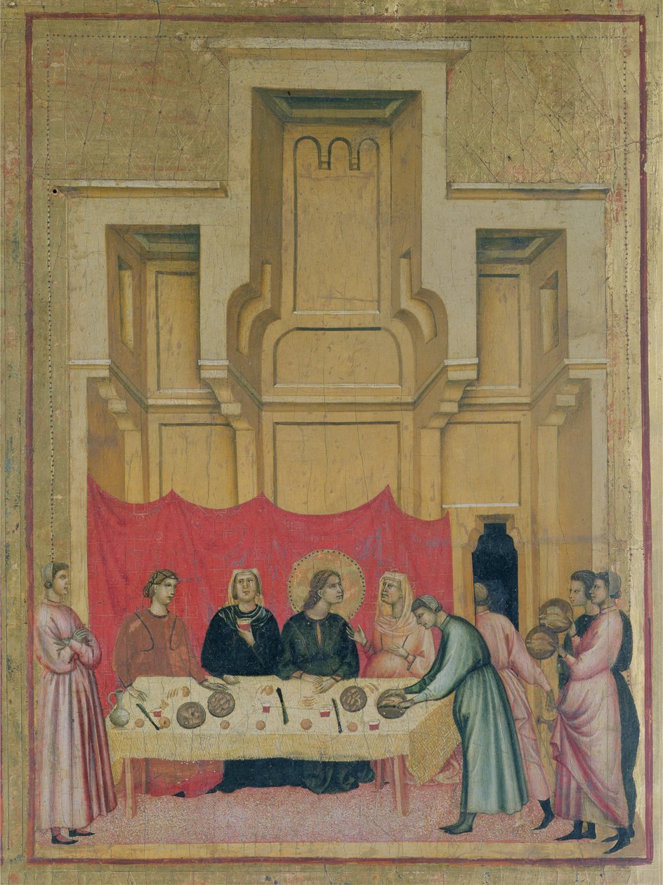 St. Cecilia och scener ur hennes liv; detalj av den övre vänstra panelen som visar St. Cecilia äta vid ett bord, c.1300 detalj av 50346 av Master of St. Cecilia