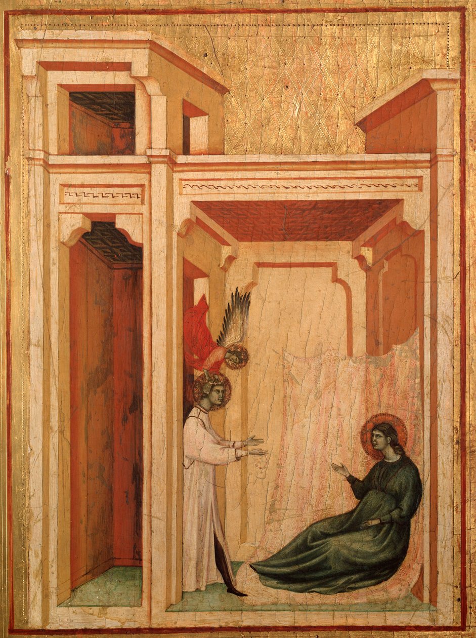St Cecilia och hennes livs berättelse Detalj: Ängeln kommer med blommor till Valerianus - altartavla, ca 1290-1320 av Master of St. Cecilia