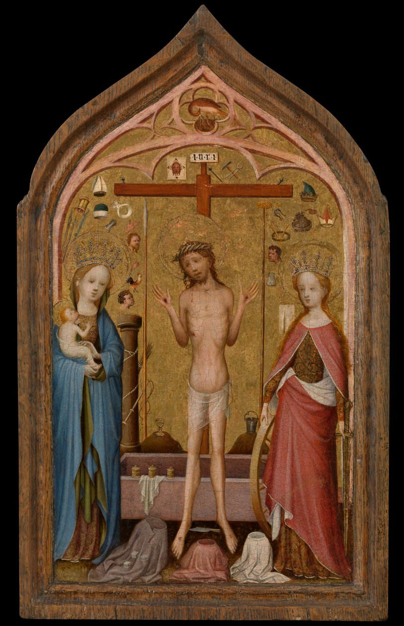 Man of Sorrows med Madonna och Saint Catherine of Alexandria (tempera på panel) av Master of St. Veronica