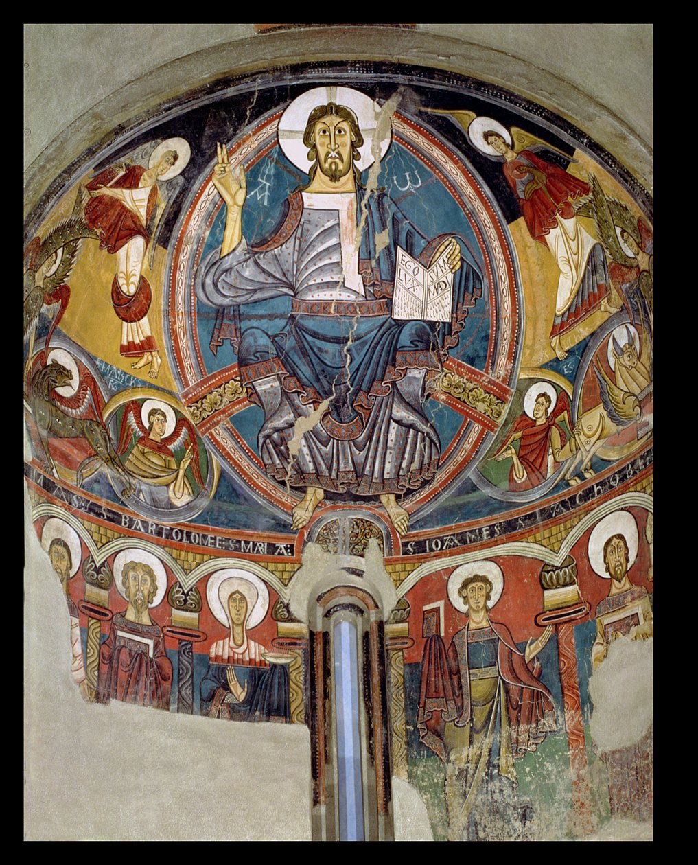 Kristus i Majestät flankerad av serafer och symboler för evangelisterna, apsis fresk från San Climente i Taull (Tahull) Katalonien, ca 1123 (fresk) av Master of Tahull