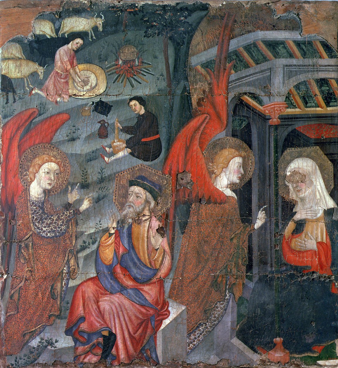 Bebådelsen med herdar som gör ost i bakgrunden, från en altartavla tillägnad Jungfrun, från Tora, Segarra, Lleida (tempera på panel) av Master of Tora