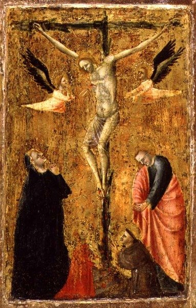 PD.8-1955 Korsfästelsen med Jungfrun och SS. Johannes evangelisten, Franciskus av Assisi och Maria Magdalena, ca 1345 (tempera på panel) av Master of Verrucchio