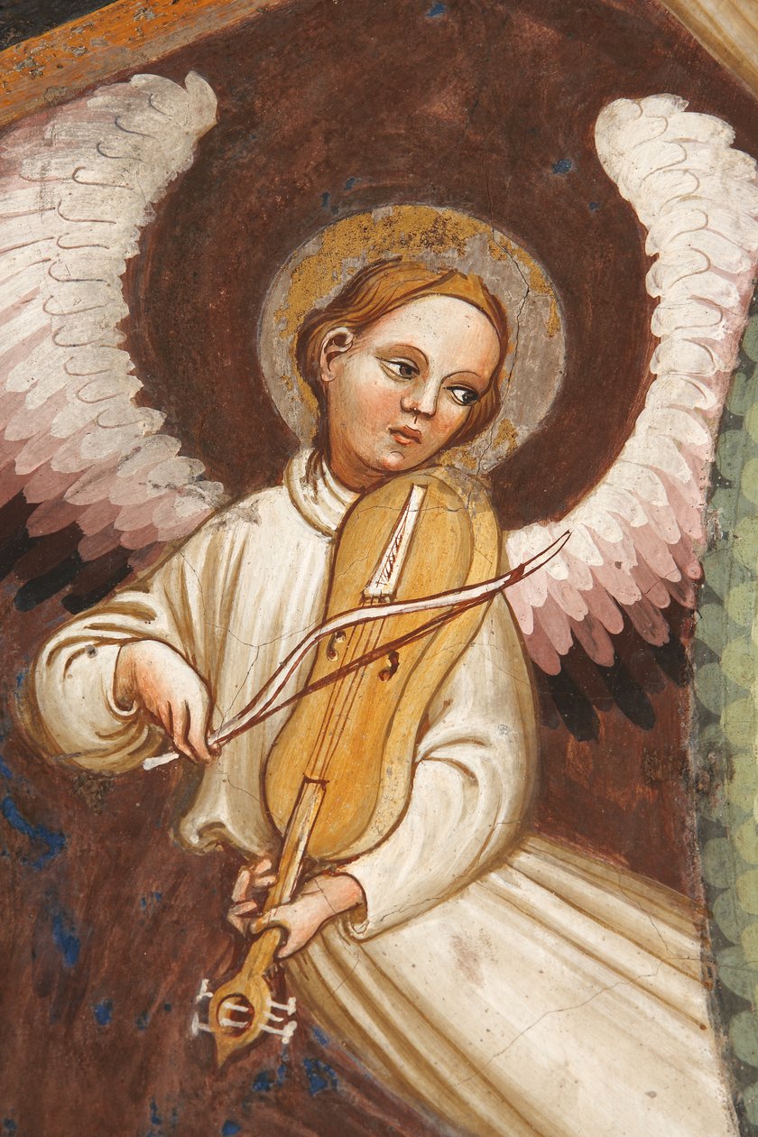 "Antagande av Jungfrun" och "Jungfru Maria släpper gördeln eller det heliga bältet till St. Thomas", Detalj av en ängel som spelar musik och en fiol, ca 1420 (fresk) av Master of Vignola