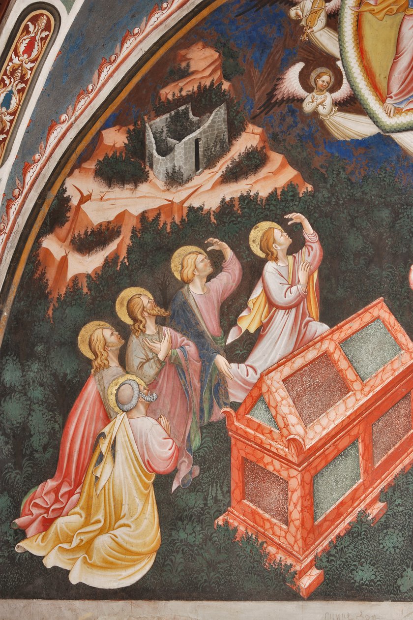 "Antagande av Jungfrun" och "Jungfru Maria släpper gördeln eller det heliga bältet till St. Thomas", Detalj av apostlarna, c.1420 (fresk) av Master of Vignola